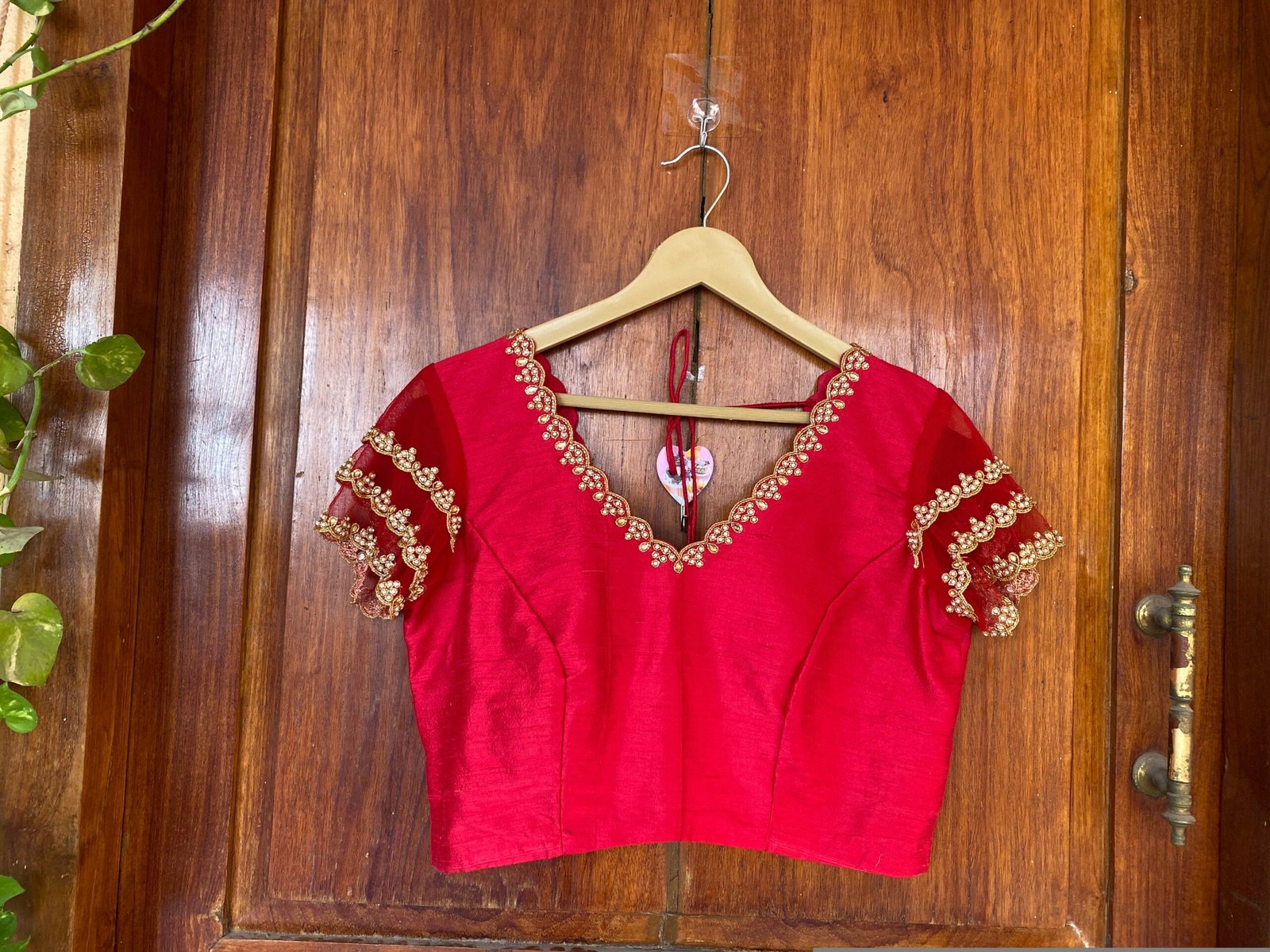 Red ruffle sleeve hand embroidery blouse/ saree maggam blouse/frill saree blouse/ v neck hand embroidered blouse/ready made blouse zardosi