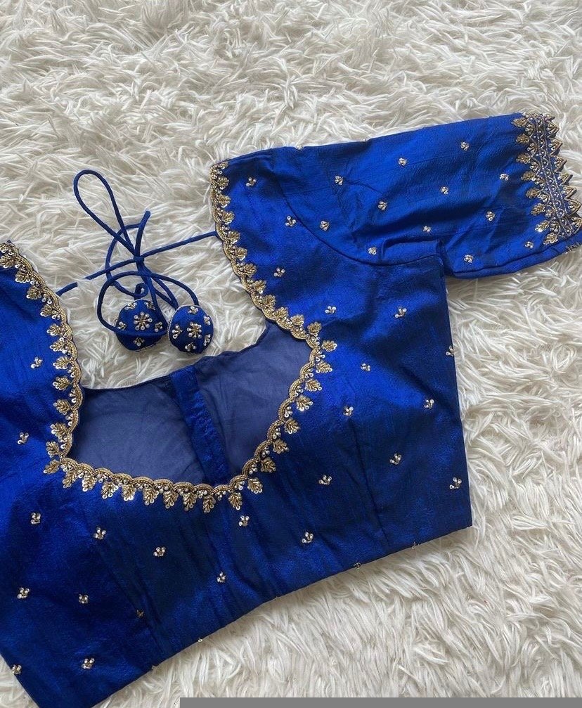 pure silk hand embroidery blouse/ saree maggam blouse/ zardosi blouse usa/hand embroidered moderblouse/blue ready made blouse zardosi usa