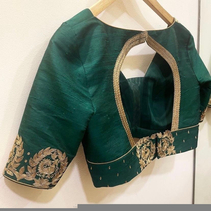 pure silk hand embroidery blouse/saree maggam blouse/green zardosi blouse/yellow hand embroidered blouse/green ready made blouse zardosi usa