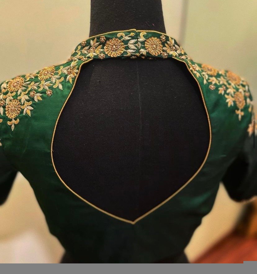 Green Silk Saree Blouse: Hand Embroidered Zardosi Maggam Blouse,plus size blouse,collar blouse,handwork blouse green,mix and match blouse