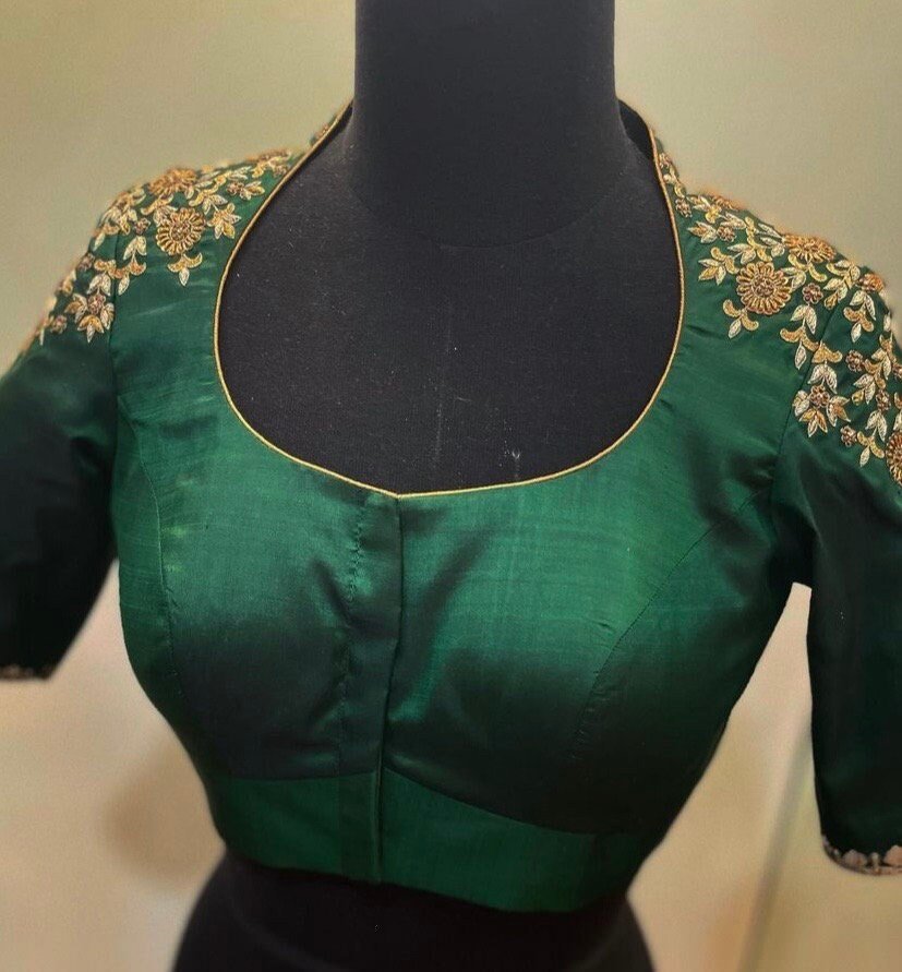 Green Silk Saree Blouse: Hand Embroidered Zardosi Maggam Blouse,plus size blouse,collar blouse,handwork blouse green,mix and match blouse