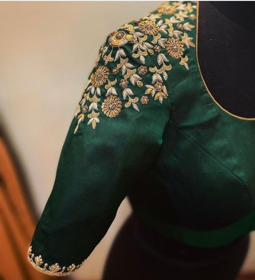 Green Silk Saree Blouse: Hand Embroidered Zardosi Maggam Blouse,plus size blouse,collar blouse,handwork blouse green,mix and match blouse