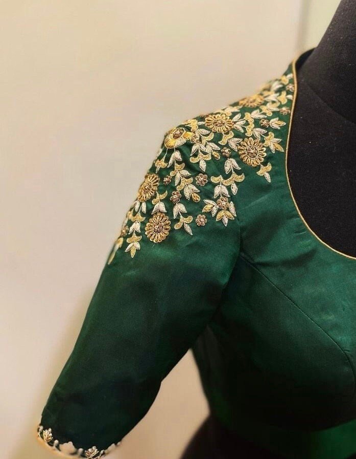 Green Silk Saree Blouse: Hand Embroidered Zardosi Maggam Blouse,plus size blouse,collar blouse,handwork blouse green,mix and match blouse