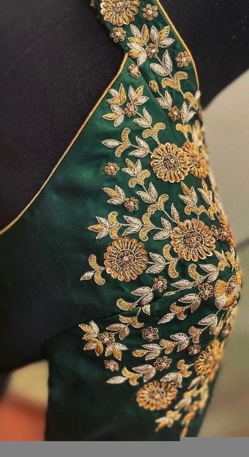 Green Silk Saree Blouse: Hand Embroidered Zardosi Maggam Blouse,plus size blouse,collar blouse,handwork blouse green,mix and match blouse