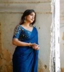 Blue silk saree with hand embroidered blouse/blue georgette saree with handwork blouse |blue silk saree/designer saree with maggam blouse us