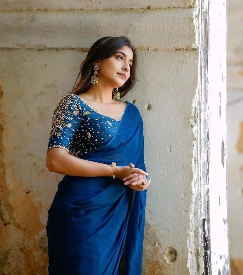 Blue silk saree with hand embroidered blouse/blue georgette saree with handwork blouse |blue silk saree/designer saree with maggam blouse us