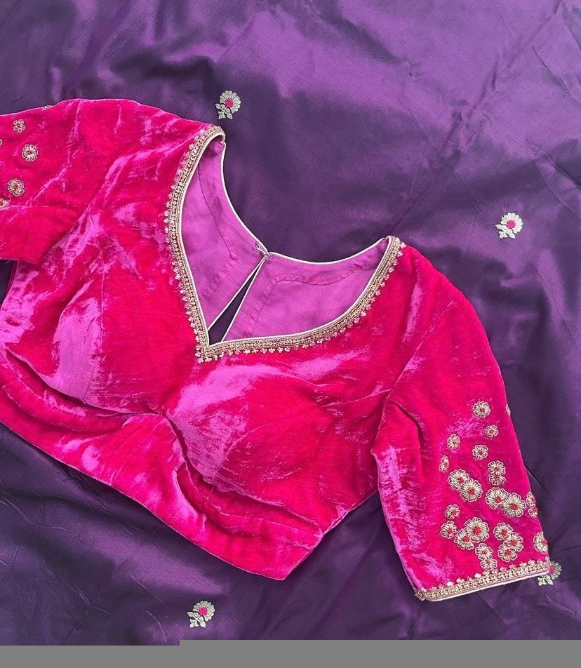 pure velvet hand embroidery blouse /modern saree maggam blouse/pink zardosi blouse / hand embroidered blouse/pink velvet ready made blouse