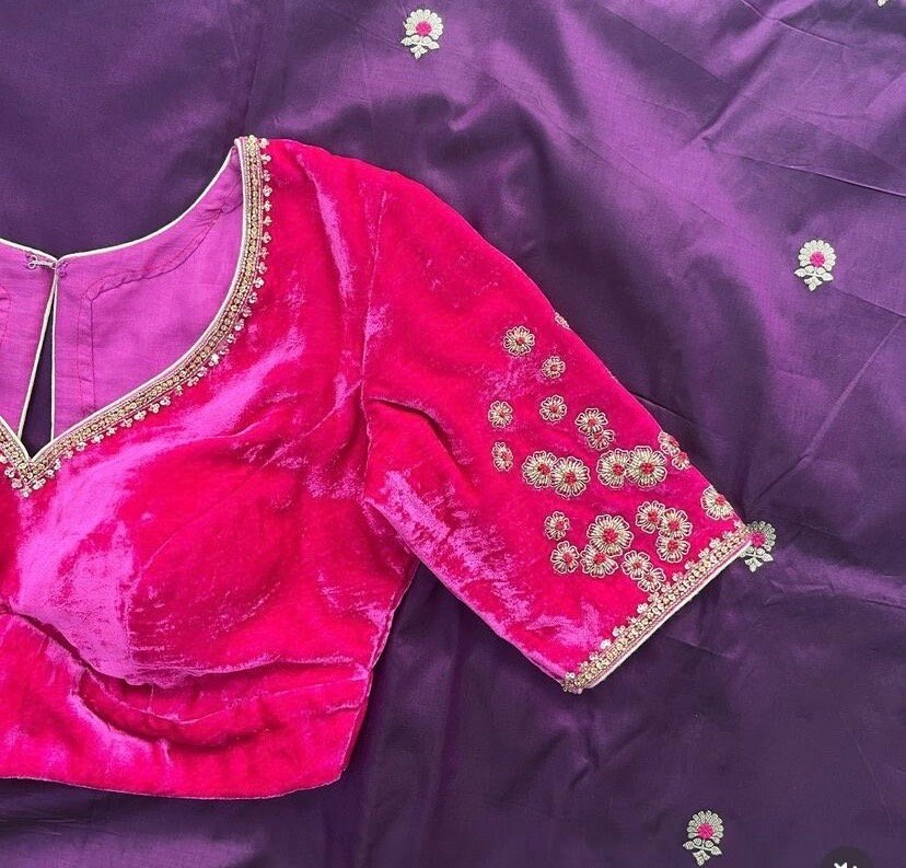 pure velvet hand embroidery blouse /modern saree maggam blouse/pink zardosi blouse / hand embroidered blouse/pink velvet ready made blouse