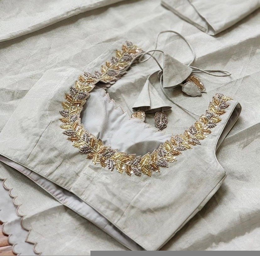 Hand Embroidered Silver Tissue Blouse: Sleeveless Zardosi Crop Top