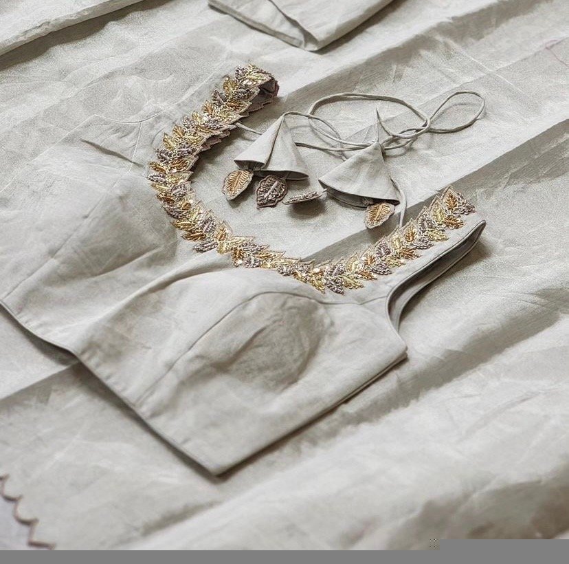 Hand Embroidered Silver Tissue Blouse: Sleeveless Zardosi Crop Top