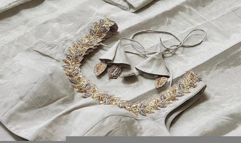 Hand Embroidered Silver Tissue Blouse: Sleeveless Zardosi Crop Top
