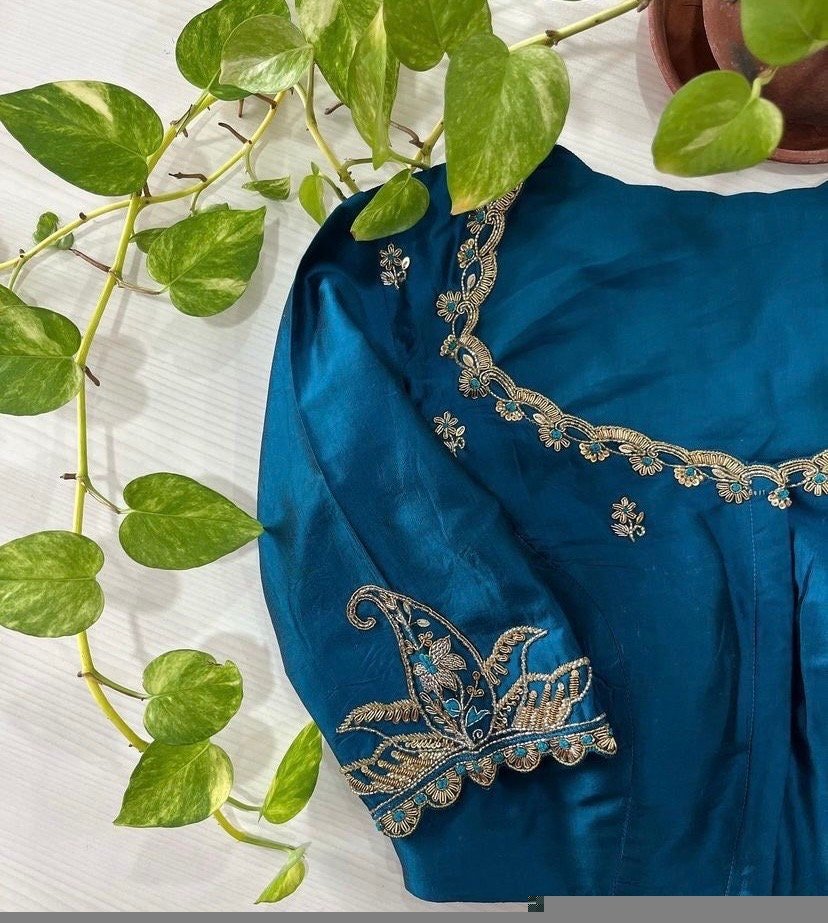 pure silk hand embroidery blouse/blue maggam blouse /raw silk zardosi blouse/blue hand embroidered blouse/designer readymade handwork blouse