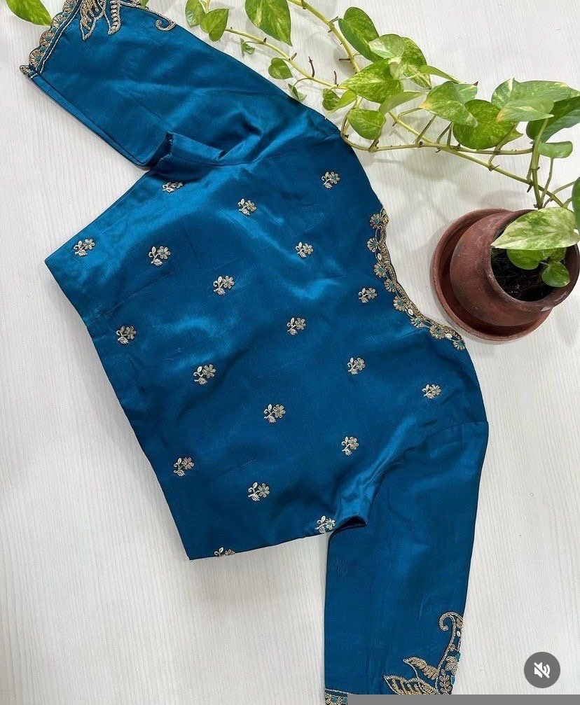 pure silk hand embroidery blouse/blue maggam blouse /raw silk zardosi blouse/blue hand embroidered blouse/designer readymade handwork blouse