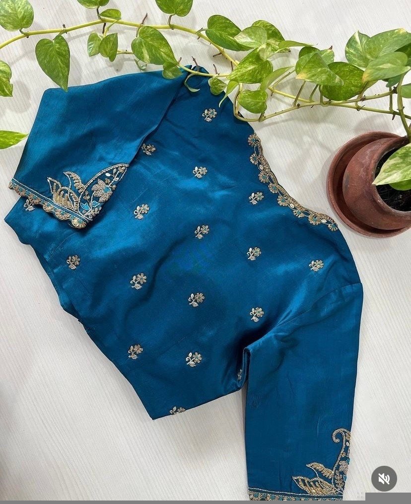 pure silk hand embroidery blouse/blue maggam blouse /raw silk zardosi blouse/blue hand embroidered blouse/designer readymade handwork blouse