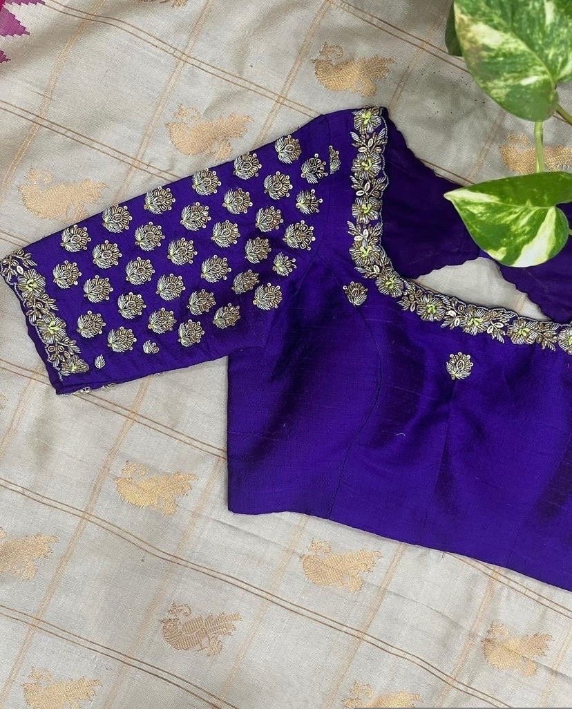 pure silk hand embroidery blouse/modern saree maggam blouse/purple zardosi blouse/wedding hand embroidered blouse/bridal ready made blouse