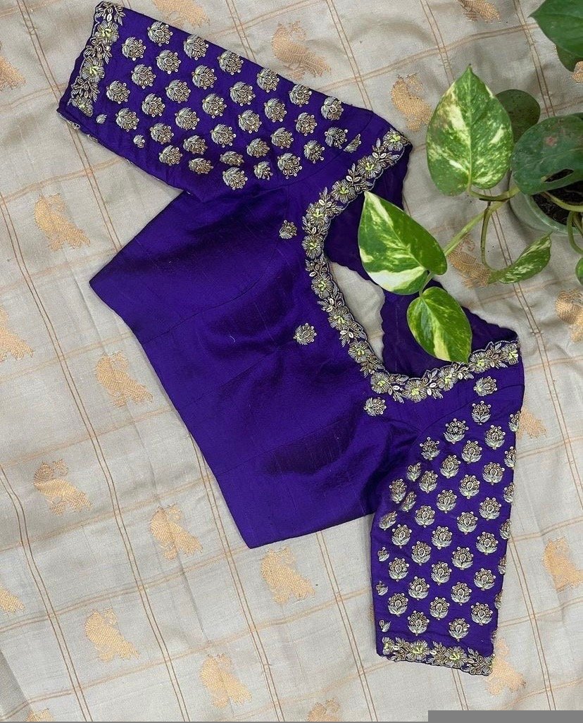 pure silk hand embroidery blouse/modern saree maggam blouse/purple zardosi blouse/wedding hand embroidered blouse/bridal ready made blouse