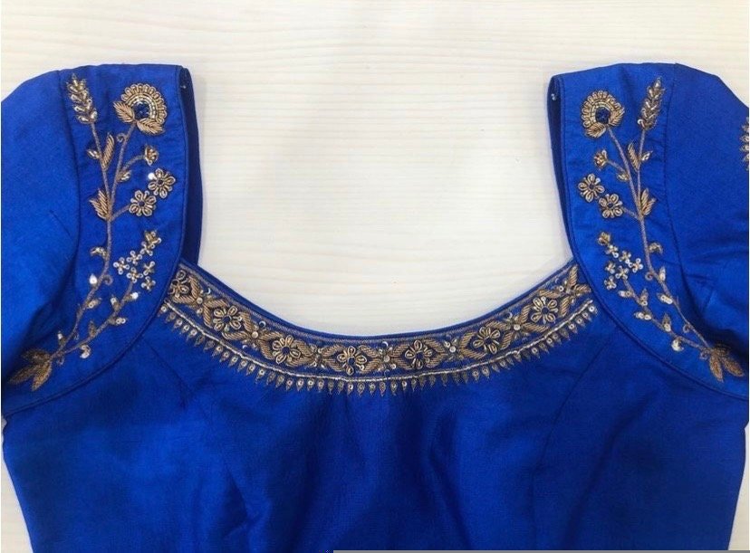 pure silk hand embroidery blouse/blue maggam blouse /raw silk zardosi blouse/blue hand embroidered blouse/designer readymade handwork blouse