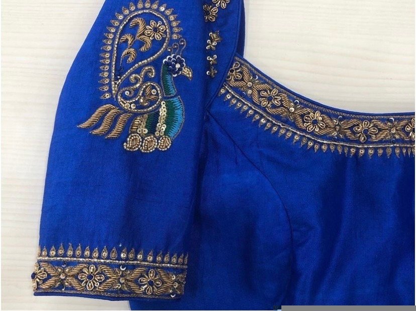 pure silk hand embroidery blouse/blue maggam blouse /raw silk zardosi blouse/blue hand embroidered blouse/designer readymade handwork blouse