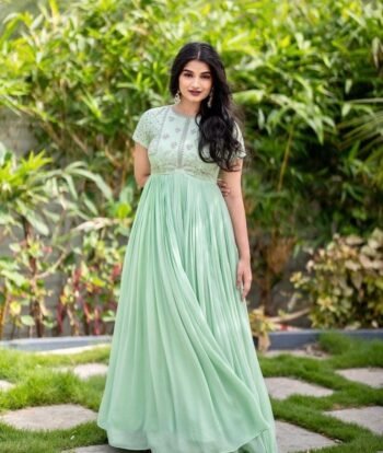 Hand embroidered Anarkali dress/peach anarkali suit set/light green hand work anarkali Indian dresses/pista green short sleeves Anarkali