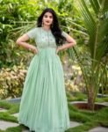 Hand embroidered Anarkali dress/peach anarkali suit set/light green hand work anarkali USA/Indian dresses/pista green short sleeves Anarkali