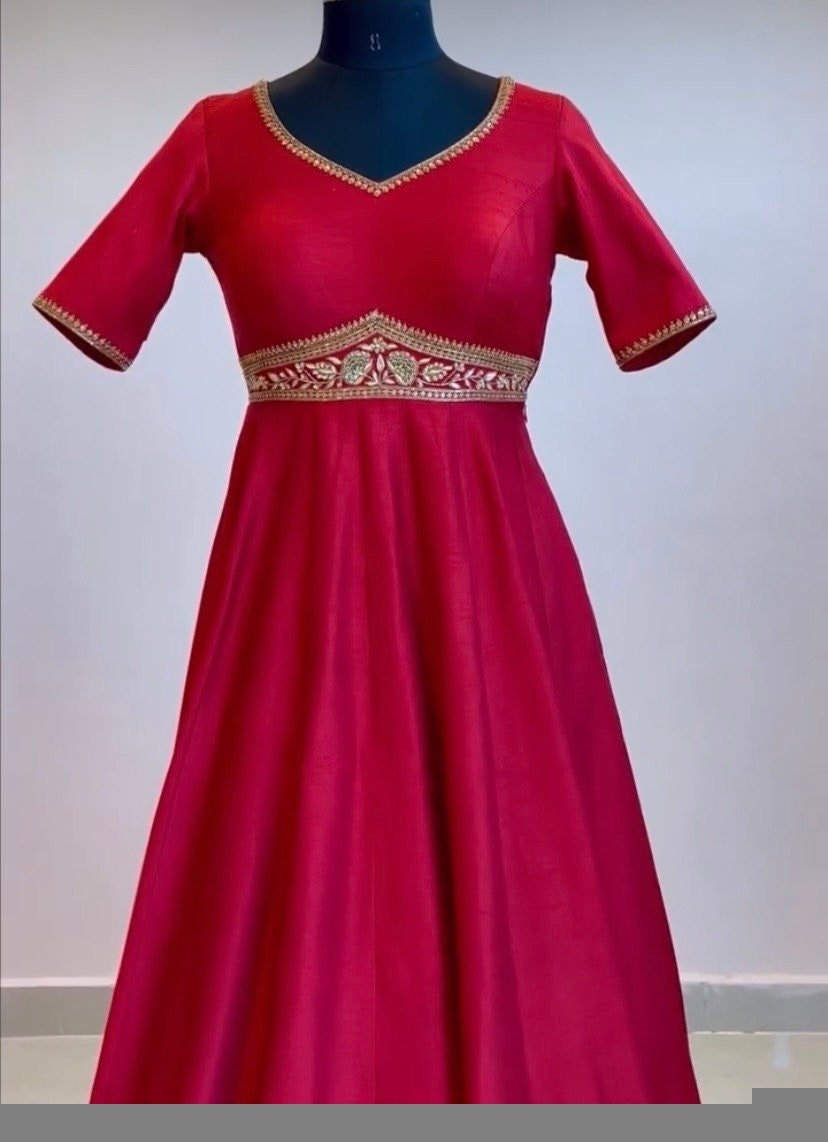 Hand embroidered Anarkali dress/red anarkali suit set/red hand work anarkali USA/Indian dresses/red kurta/pure silk red empire waist dress