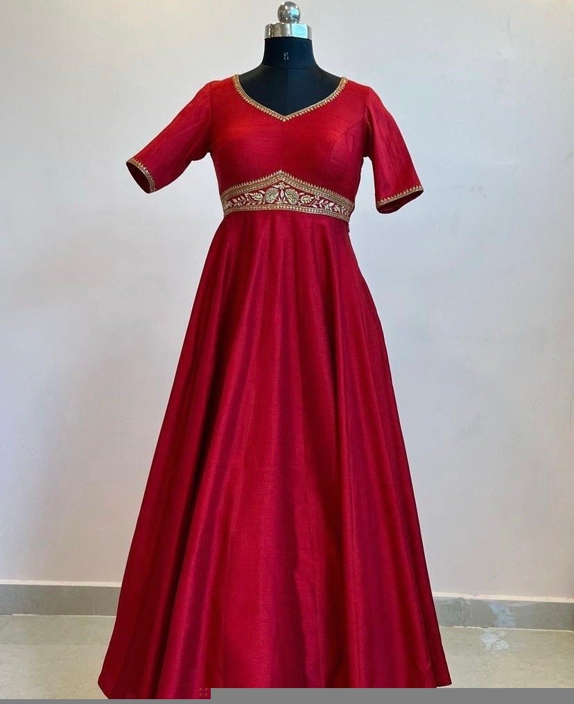 Hand embroidered Anarkali dress/red anarkali suit set/red hand work anarkali USA/Indian dresses/red kurta/pure silk red empire waist dress