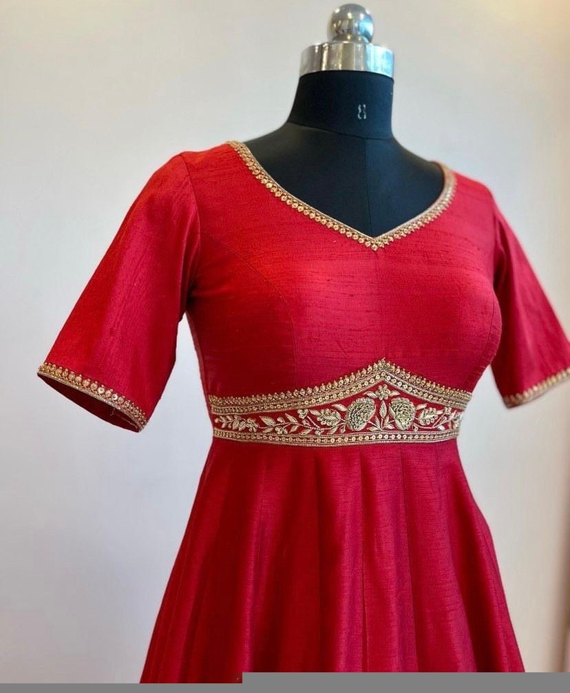 Hand embroidered Anarkali dress/red anarkali suit set/red hand work anarkali USA/Indian dresses/red kurta/pure silk red empire waist dress