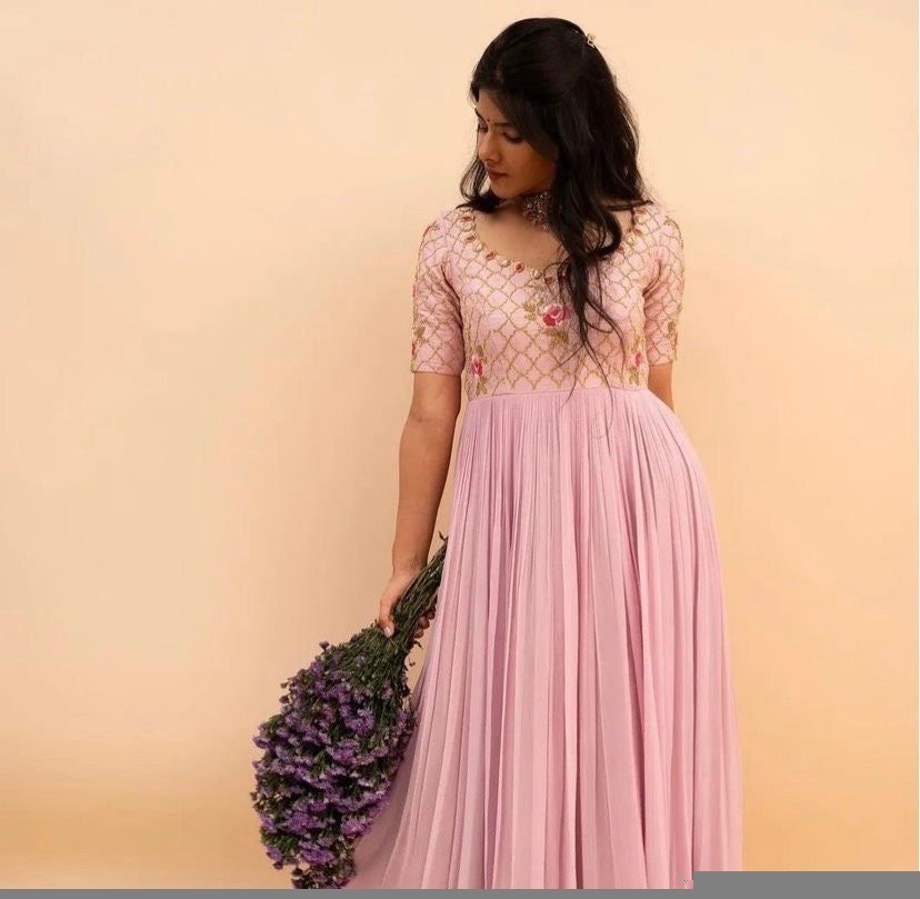 Peach Anarkali suit usa/hand embroidery anarkali kurta/light pink anarkali dress/elbow sleeves dress anarkali/Indian dresses/pink anarkali