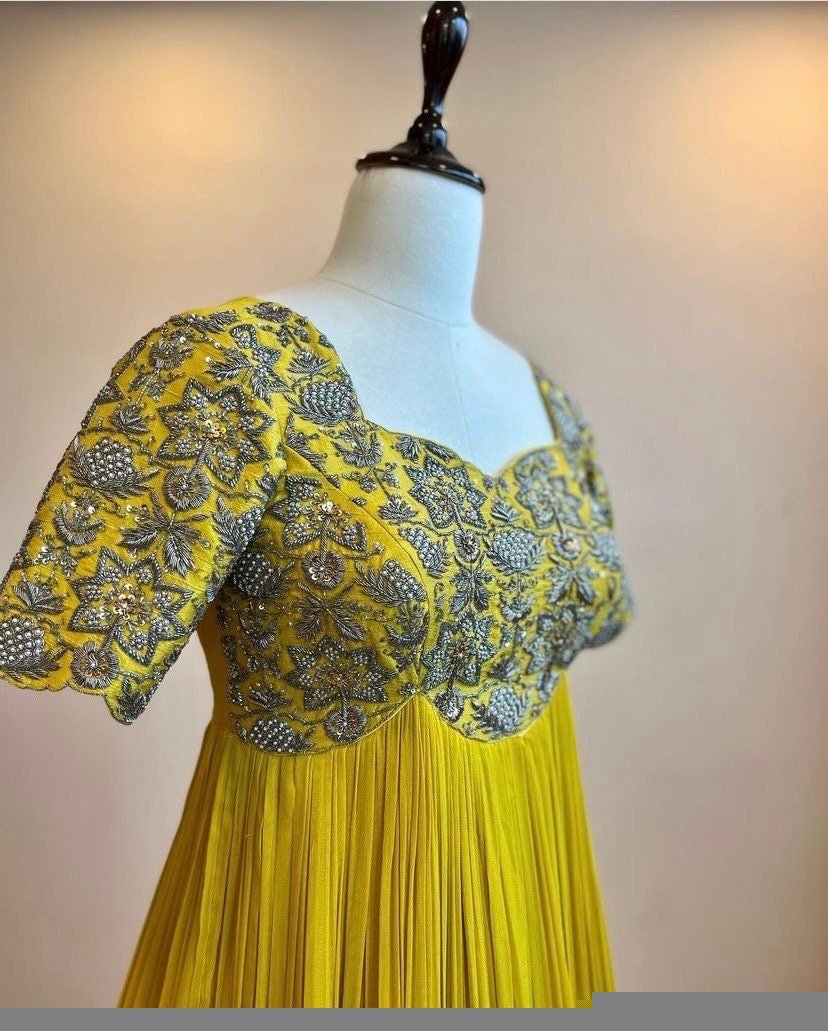 Anarkali suit usa/hand embroidery anarkali kurta/yellow anarkali dress/elbow sleeves dress anarkali/Indian dresses/yellow anarkali dress usa