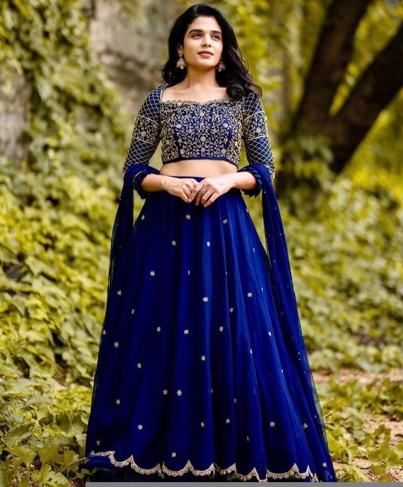 Blue Embroidered Lehenga Choli Set: Indian Wedding Outfit