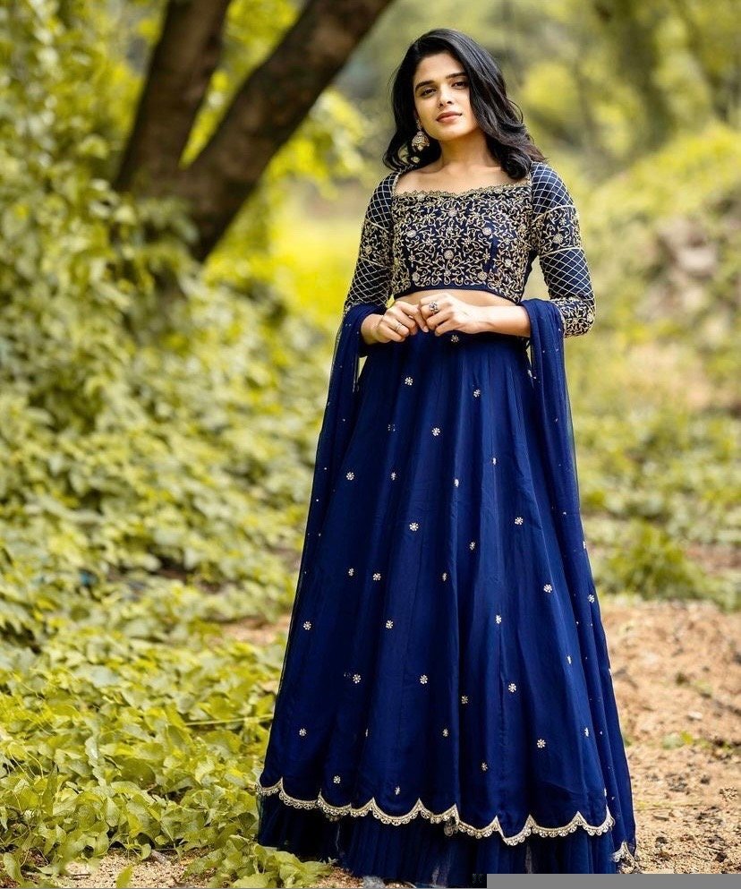 Blue Embroidered Lehenga Choli Set: Indian Wedding Outfit