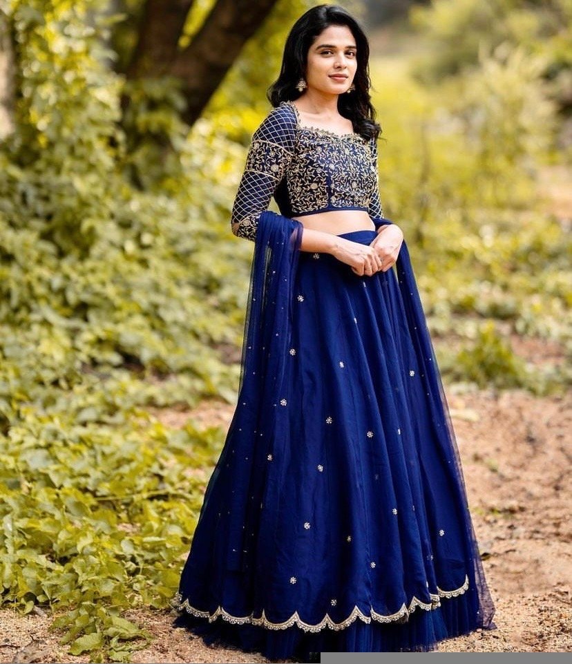 Blue Embroidered Lehenga Choli Set: Indian Wedding Outfit