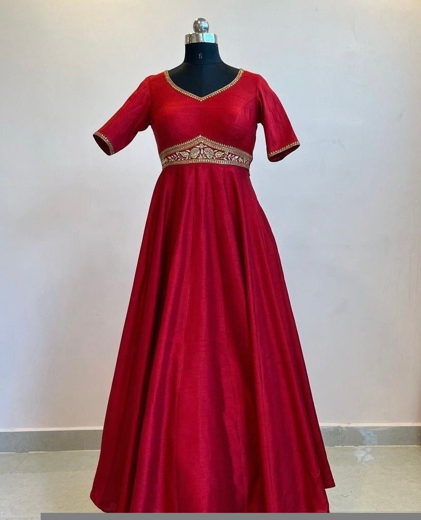 Hand embroidered Anarkali dress/red anarkali suit set/red hand work anarkali USA/Indian dresses/red kurta/pure silk red empire waist dress