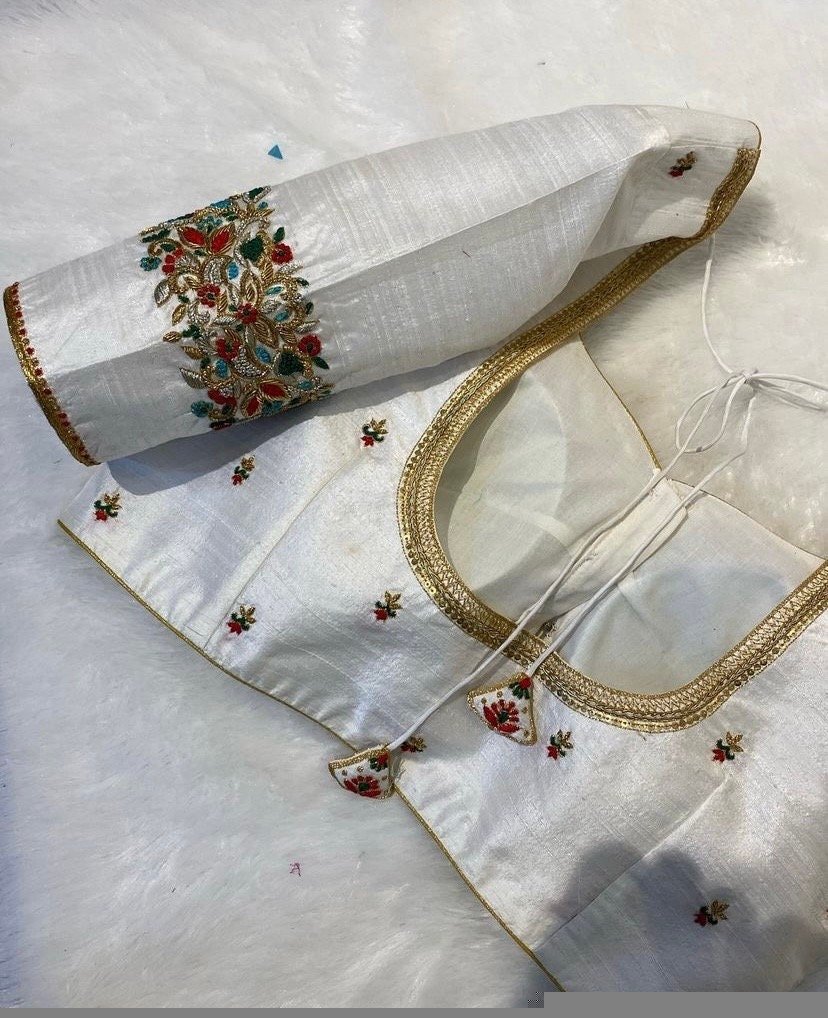 pure silk hand embroidery blouse/modern saree maggam blouse/cream zardosi blouse/multi hand embroidered blouse/off white ready made blouse