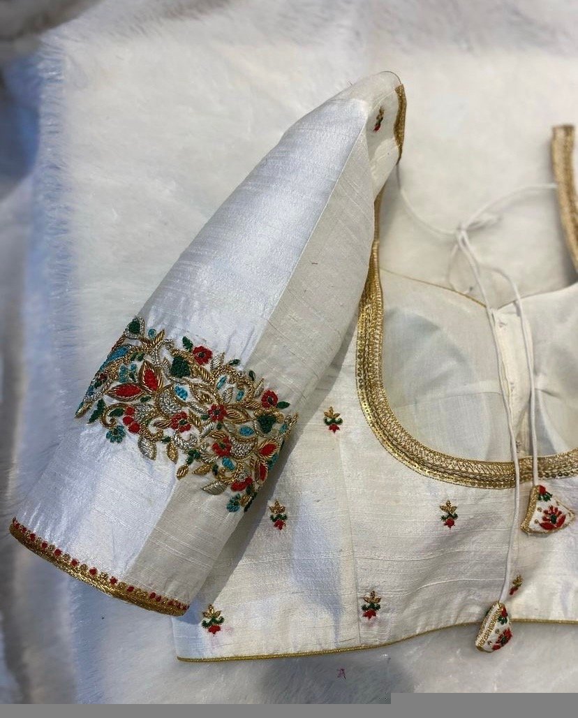 pure silk hand embroidery blouse/modern saree maggam blouse/cream zardosi blouse/multi hand embroidered blouse/off white ready made blouse