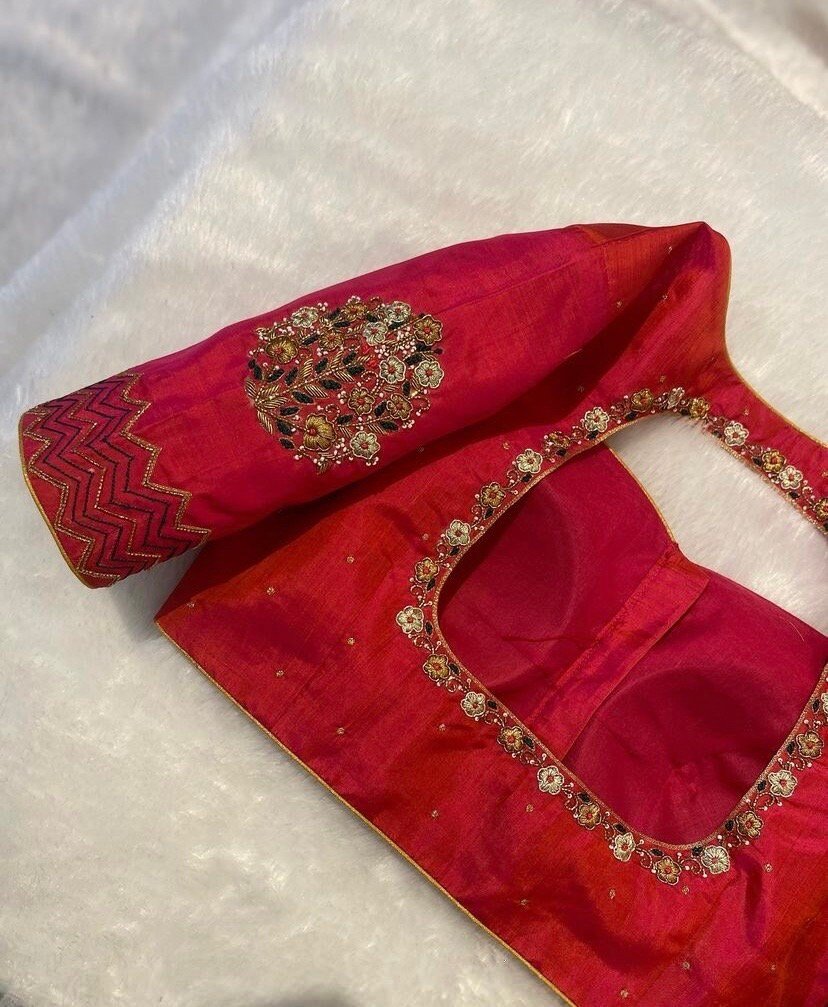 pure silk hand embroidery blouse/reddish pink maggam blouse /raw silk zardosi blouse/hand embroidered blouse /red ready made blouse zardosi