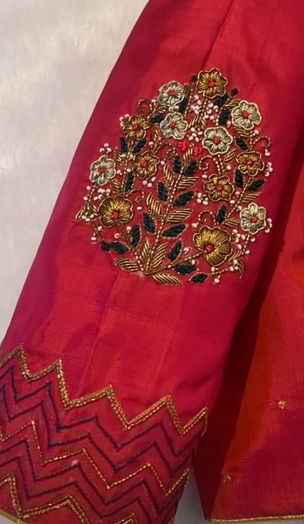 pure silk hand embroidery blouse/reddish pink maggam blouse /raw silk zardosi blouse/hand embroidered blouse /red ready made blouse zardosi
