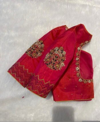 pure silk hand embroidery blouse/reddish pink maggam blouse /raw silk zardosi blouse/hand embroidered blouse /red ready made blouse zardosi