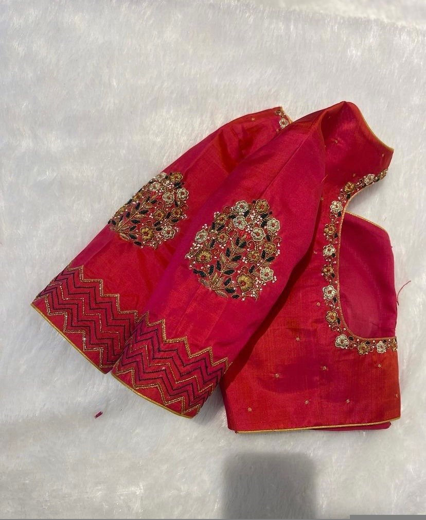 pure silk hand embroidery blouse/reddish pink maggam blouse /raw silk zardosi blouse/hand embroidered blouse /red ready made blouse zardosi