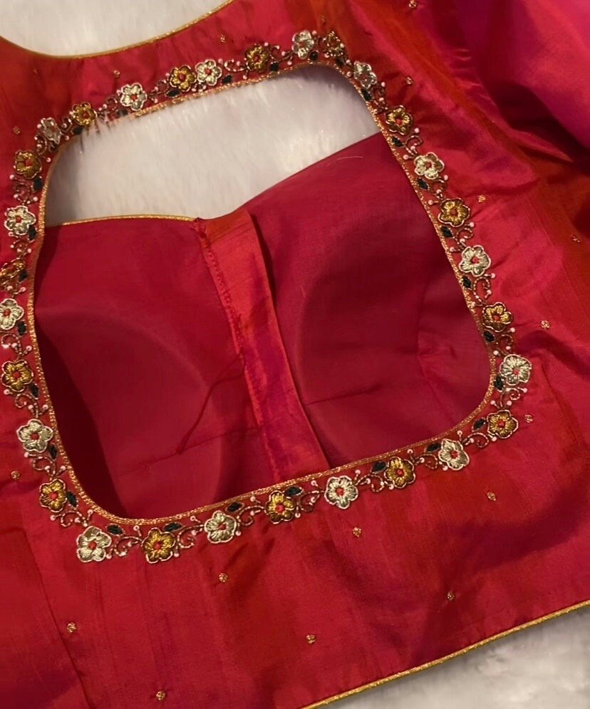 pure silk hand embroidery blouse/reddish pink maggam blouse /raw silk zardosi blouse/hand embroidered blouse /red ready made blouse zardosi