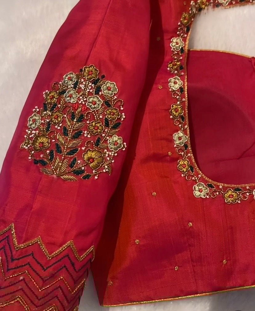 pure silk hand embroidery blouse/reddish pink maggam blouse /raw silk zardosi blouse/hand embroidered blouse /red ready made blouse zardosi