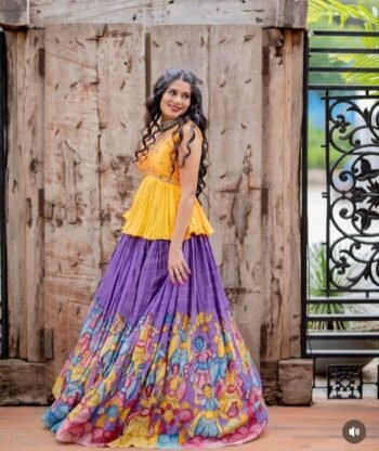 Hand-Painted Kalamkari Lehenga Set: Silk Crop Top, Embroidered Skirt, Kalamkari lehenga set,lavender I lehenga set , hand painted lehenga se