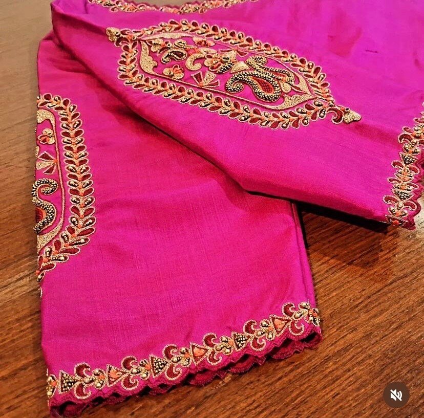 pure silk hand embroidery blouse/saree maggam blouse/pink zardosi blouse/hand embroidered blouse /magenta pink ready made blouse zardosi