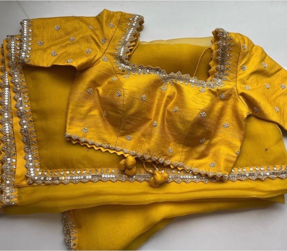 Yellow Organza Silk Saree: Hand-Embroidered Maggam Blouse