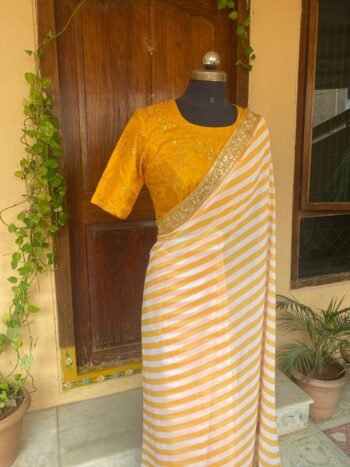 Striped Georgette Saree: Yellow Cream Sabyasachi Style, Embroidered Silk Blouse