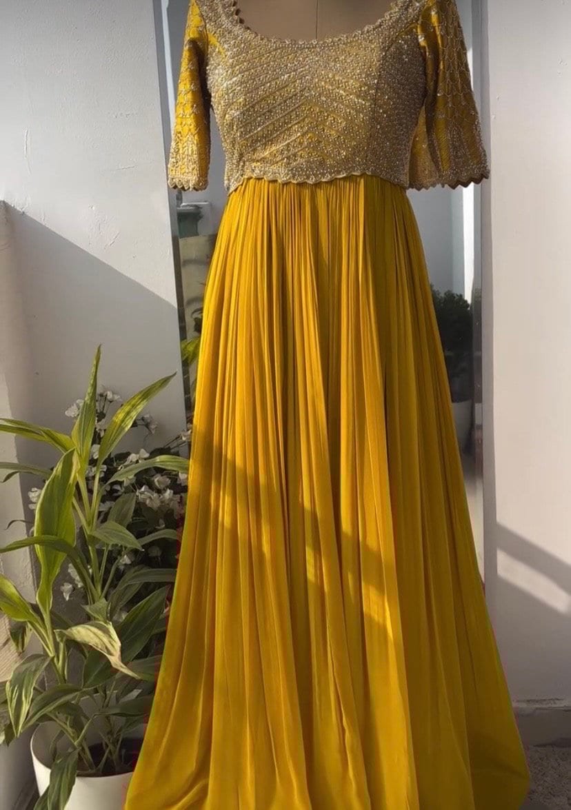 Yellow Anarkali Suit: Hand Embroidered Zardosi Indian Dress
