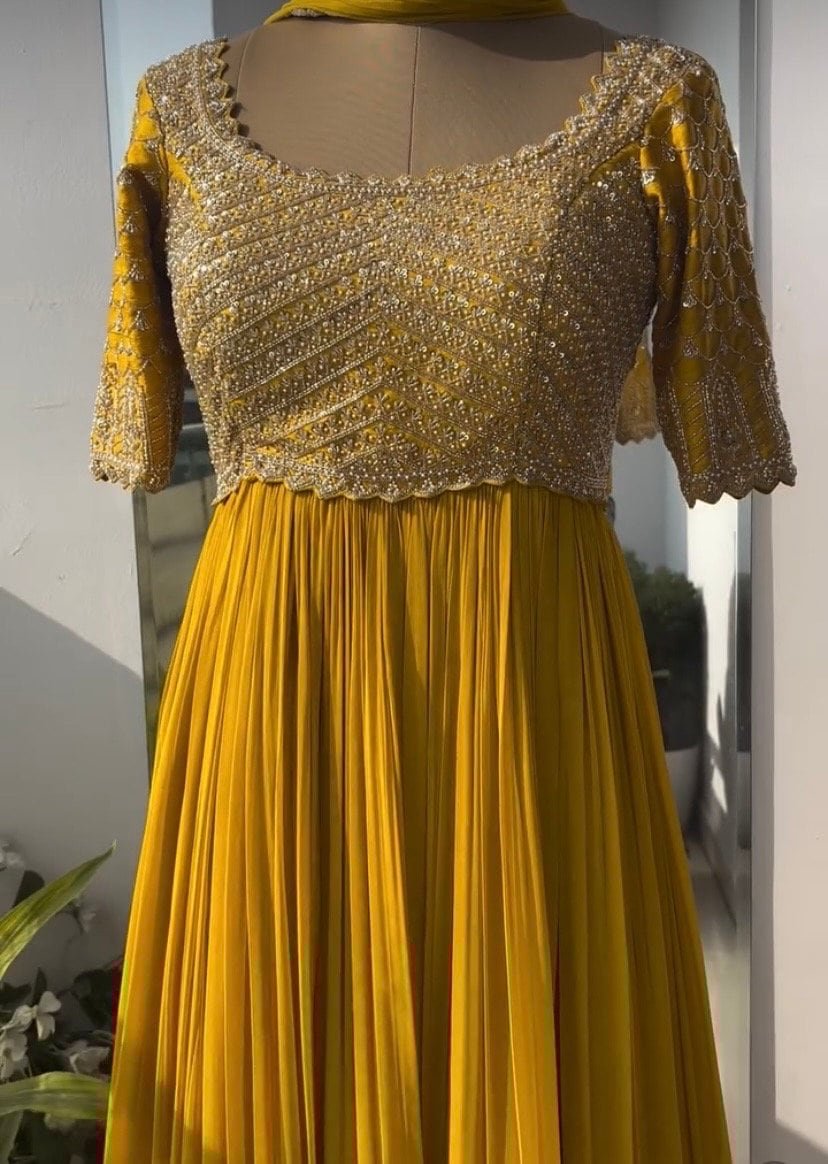 Yellow Anarkali Suit: Hand Embroidered Zardosi Indian Dress