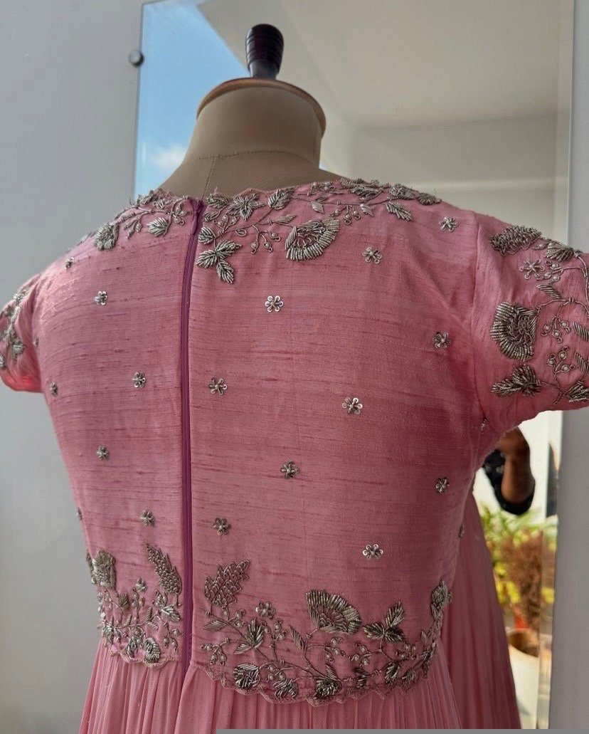 Light Pink Anarkali Suit: Hand Embroidered Zardosi Indian Dress