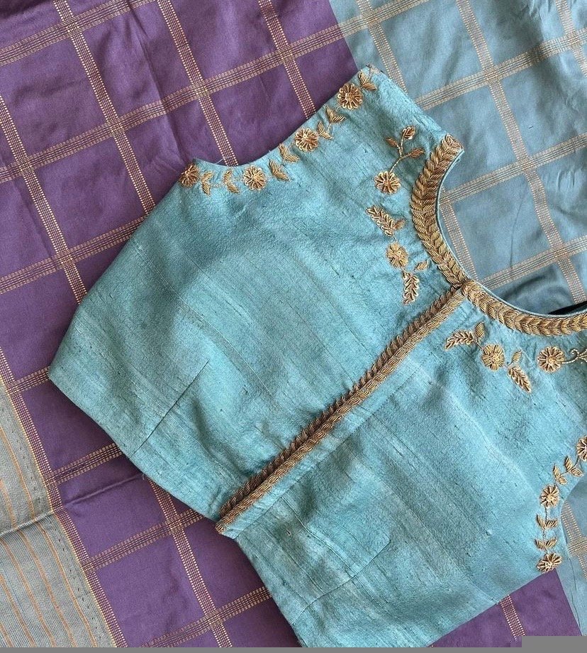 pure silk hand embroidery blouse /maggam blouse/blue raw silk zardosi blouse/hand embroidered blouse/ice blue sleeveless ready made blouse