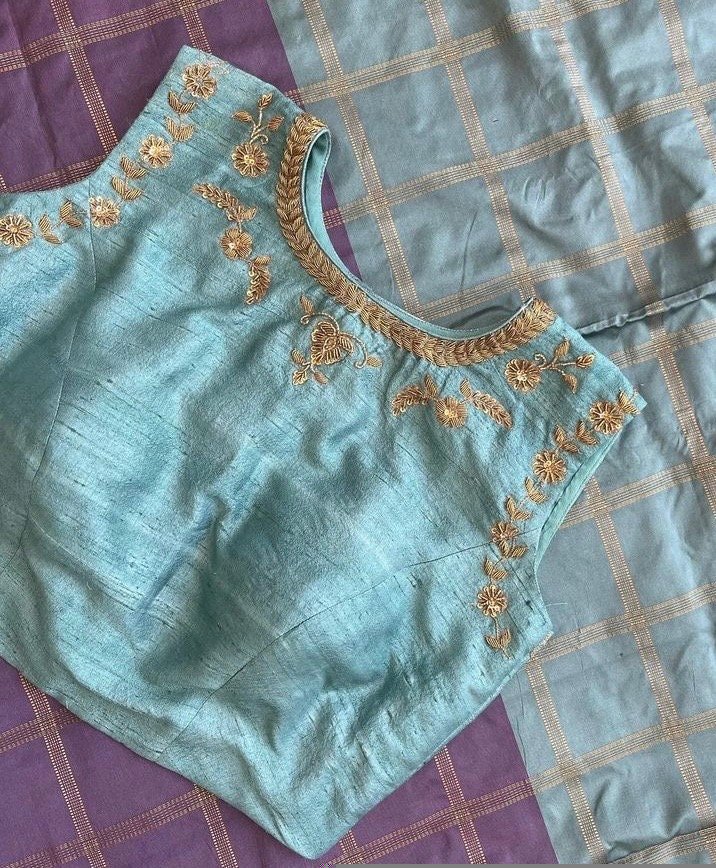 pure silk hand embroidery blouse /maggam blouse/blue raw silk zardosi blouse/hand embroidered blouse/ice blue sleeveless ready made blouse